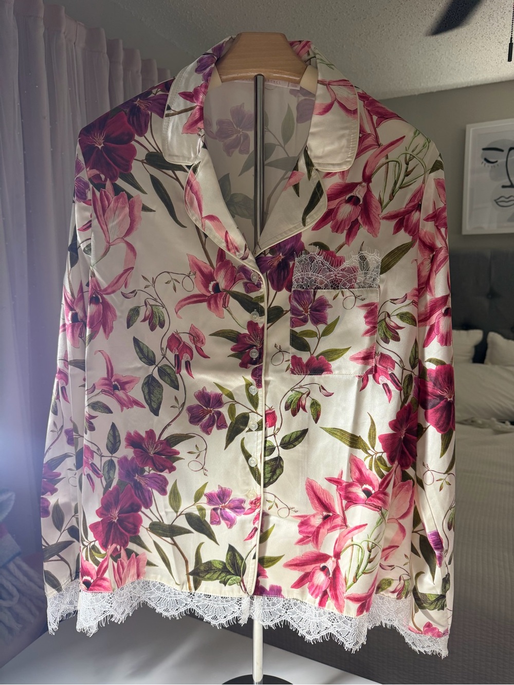 Rachel Parcell Cream Floral Satin Pajama Top with Pink & Purple Flowers